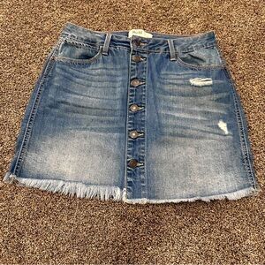 Mudd Button-Front Distressed Denim Skirt Raw Hem Blue Jean Stretch Size 9 Womens